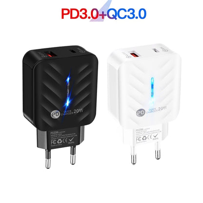 PD03 20W PD3.0 + QC3.0 USB Charger with USB to 8 Pin Data Cable, EU Plug(Black) - USB Charger by buy2fix | Online Shopping UK | buy2fix