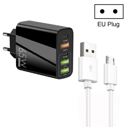 65W Dual PD Type-C + 3 x USB Multi Port Charger with 3A USB to Micro USB Data Cable, EU Plug(Black) - Mobile Accessories by buy2fix | Online Shopping UK | buy2fix
