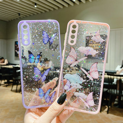 For Samsung Galaxy S22 5G Color Butterfly Glitter Epoxy TPU Phone Case(Pink) - Galaxy S22 5G Cases by buy2fix | Online Shopping UK | buy2fix