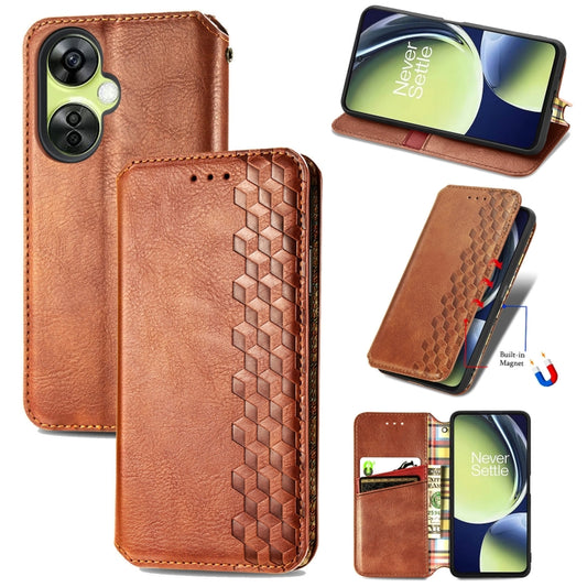 For OnePlus Nord CE 3 Lite Cubic Grid Pressed Magnetic Leather Phone Case(Brown) - OnePlus Cases by buy2fix | Online Shopping UK | buy2fix