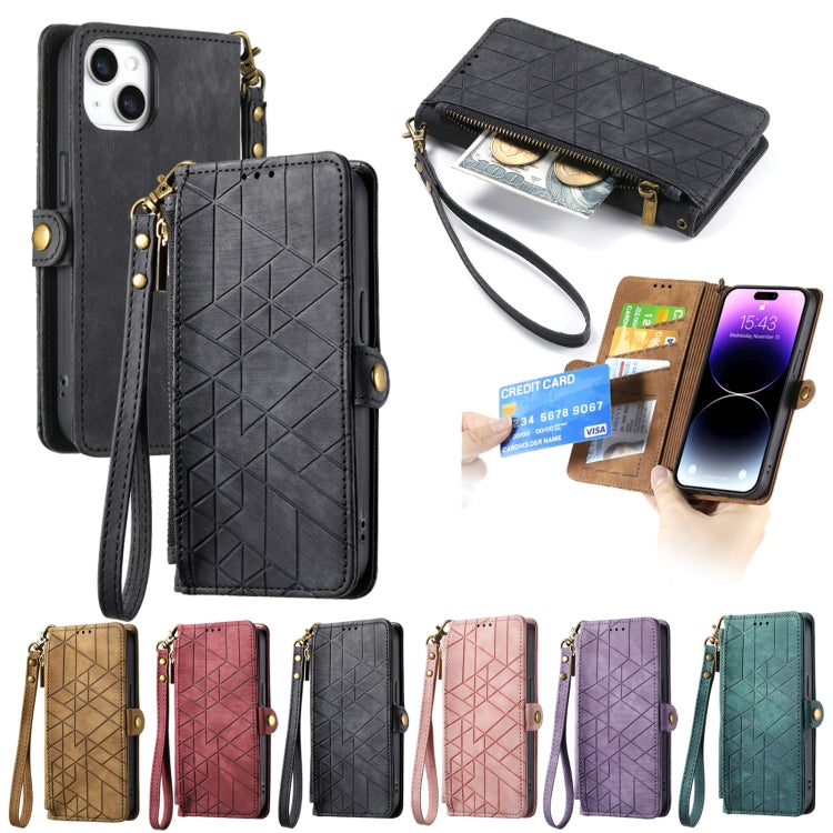 For iPhone 15 Pro Max Geometric Zipper Wallet Side Buckle Leather Phone Case(Purple) - iPhone 15 Pro Max Cases by buy2fix | Online Shopping UK | buy2fix