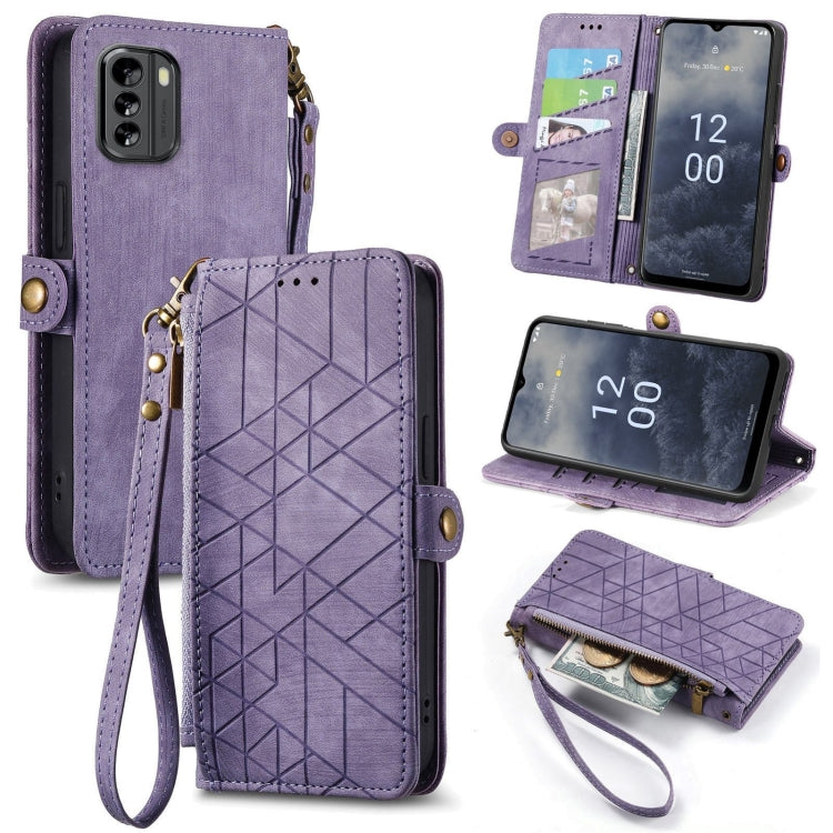 For Nokia G60 5G Geometric Zipper Wallet Side Buckle Leather Phone Case(Purple) - Nokia Cases by buy2fix | Online Shopping UK | buy2fix