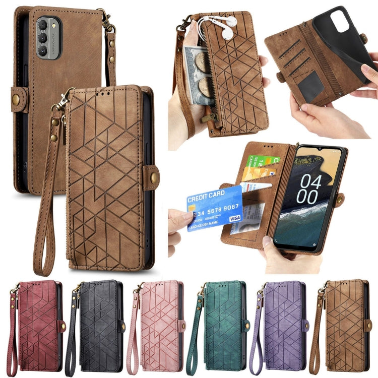 For Nokia XR20 Geometric Zipper Wallet Side Buckle Leather Phone Case(Brown) - Nokia Cases by buy2fix | Online Shopping UK | buy2fix