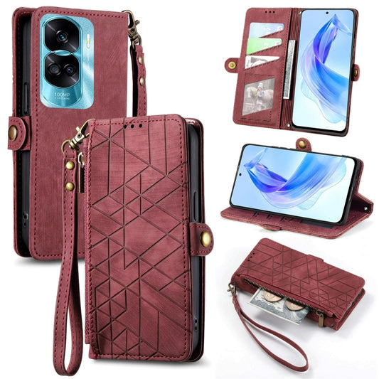 For Honor 90 Lite / X50i Geometric Zipper Wallet Side Buckle Leather Phone Case(Red) - Honor Cases by buy2fix | Online Shopping UK | buy2fix
