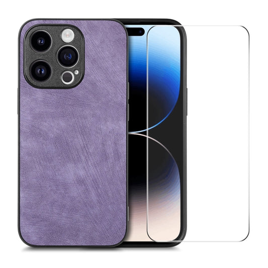 For iPhone 14 Pro Max ENKAY Retro Leather Skin PC Phone Case with High Aluminum-silicon Glass Film(Purple) - iPhone 14 Pro Max Cases by ENKAY | Online Shopping UK | buy2fix