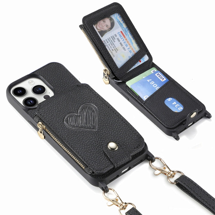 For iPhone 15 Pro Max Crossbody Love Zipper Leather Back Phone Case(Black) - iPhone 15 Pro Max Cases by buy2fix | Online Shopping UK | buy2fix