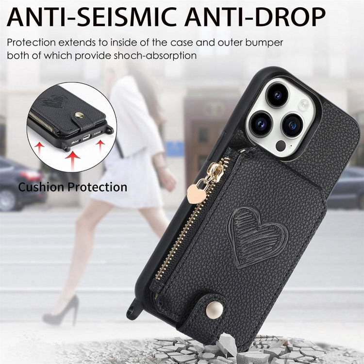 For iPhone 15 Pro Max Crossbody Love Zipper Leather Back Phone Case(Black) - iPhone 15 Pro Max Cases by buy2fix | Online Shopping UK | buy2fix