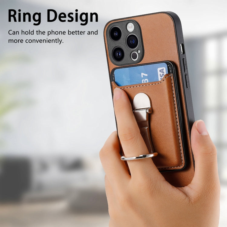 For iPhone 15 Pro Max Skin Feel Ring Holder Wallet Magnetic Phone Case(Brown) - iPhone 15 Pro Max Cases by buy2fix | Online Shopping UK | buy2fix