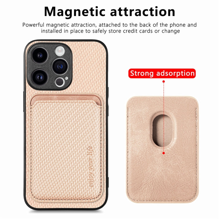 For iPhone 15 Pro Carbon Fiber Leather Card Magsafe Phone Case(Khaki) - iPhone 15 Pro Cases by buy2fix | Online Shopping UK | buy2fix