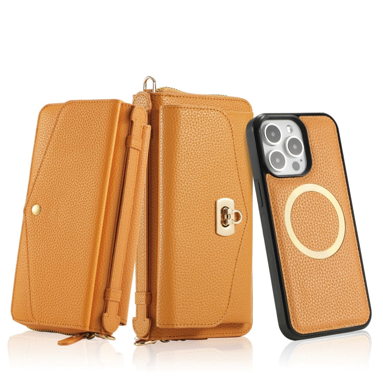 For iPhone 15 Pro MagSafe Crossbody Multi-functional Zipper Wallet Litchi Leather Phone Case(Orange) - iPhone 15 Pro Cases by buy2fix | Online Shopping UK | buy2fix