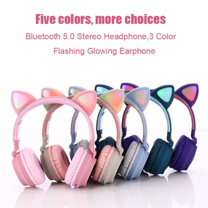 BT028C Cute Cat Ear Bluetooth 5.0 Headphones Foldable On-Ear Stereo Wireless Headset Headphone with Mic / LED Light / FM Radio / TF Card(Blue) - Headset & Headphone by buy2fix | Online Shopping UK | buy2fix