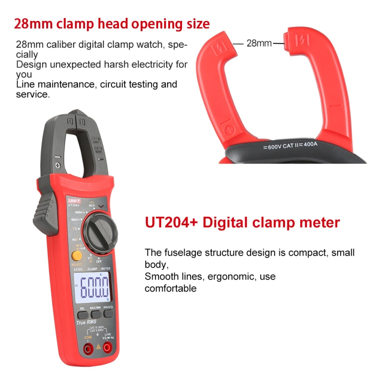 UNI-T  UT204+ 600A  Digital Clamp Meter AC DC Voltage Detector - Digital Multimeter by UNI-T | Online Shopping UK | buy2fix