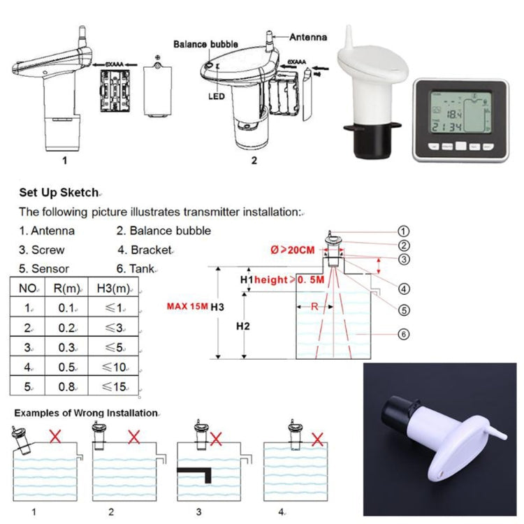 TS-FT002 Multifunctional Ultrasonic Electronic Water Tank Level Gauge With Indoor Temperature Thermometer Clock Display Water Level Gauge - Security by buy2fix | Online Shopping UK | buy2fix