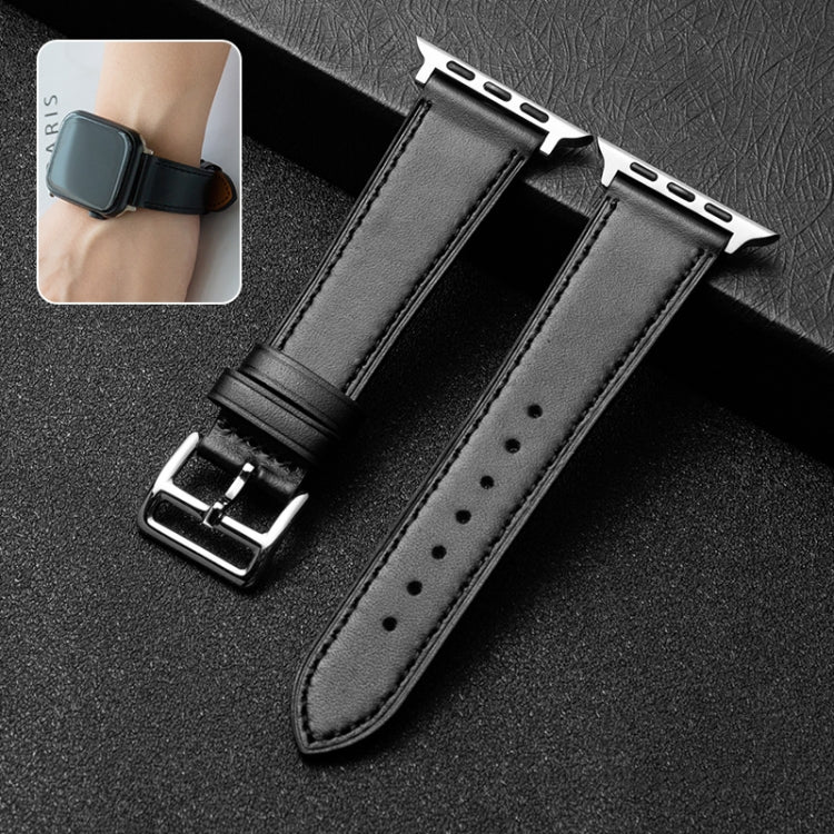 Cowhide Leather Strap Watch Band For Apple Watch Ultra 49mm / Series 8&7 45mm / SE 2&6&SE&5&4 44mm / 3&2&1 42mm(Black) - Watch Bands by buy2fix | Online Shopping UK | buy2fix