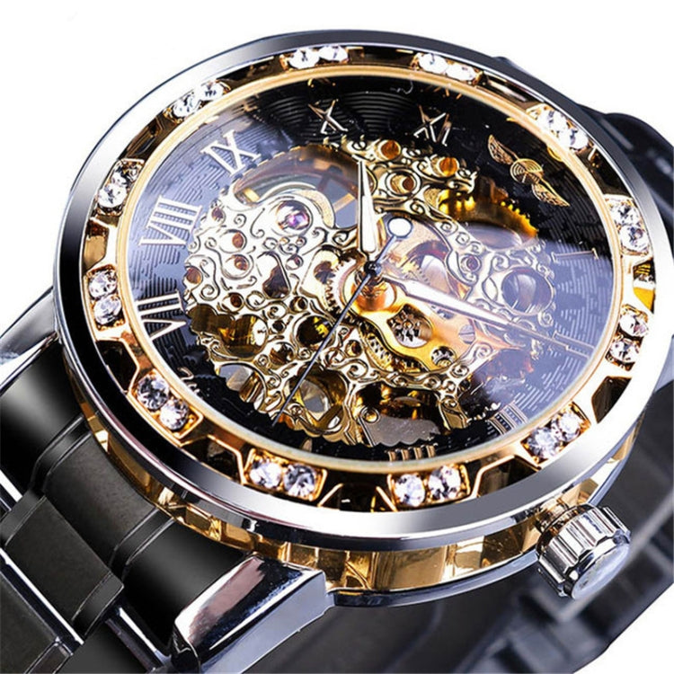 Winner Leisure Skeleton Diamond Luminous Pointer Watch Men Manual Mechanical Watch(Black Belt Gold Shell Black Face) - Metal Strap Watches by Winner | Online Shopping UK | buy2fix