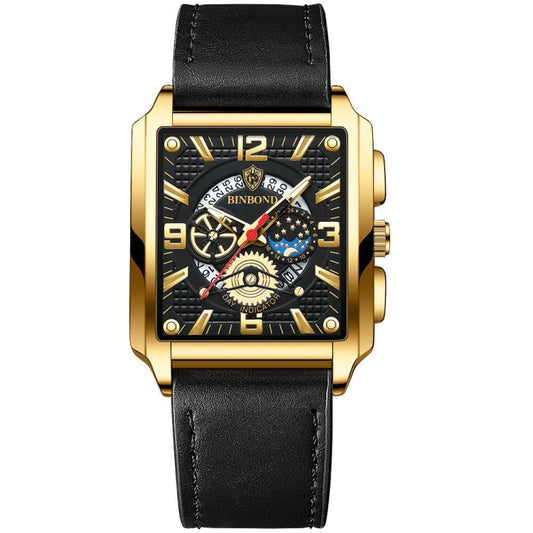 BINBOND B6575 Men Vintage Square Multifunctional Luminous Quartz Watch, Color: Black Leather-Full Black-Black - Metal Strap Watches by BINBOND | Online Shopping UK | buy2fix