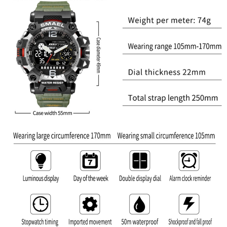 SMAEL 8072 Alloy Outdoor Multifunctional Electronic Watch Men Dual Display Waterproof Watch(Army Green) - Metal Strap Watches by SMAEL | Online Shopping UK | buy2fix