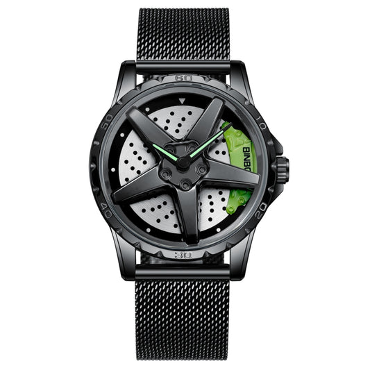 BINBOND D002 Car Hub Dial Multifunctional Waterproof and Wear-resistant Men's Watch(Black Net-Black-Green) - Metal Strap Watches by BINBOND | Online Shopping UK | buy2fix