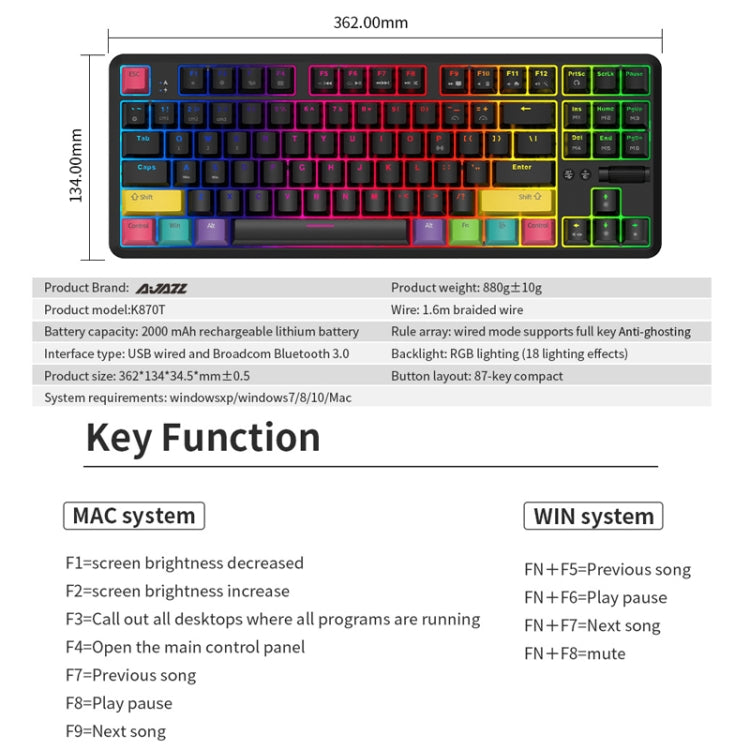 Ajazz K870T 87-Key Hot Swap Bluetooth/Wired Dual Mode RGB Backlight Office Game Mechanical Keyboard Tea Shaft (White) - Wireless Keyboard by Ajazz | Online Shopping UK | buy2fix