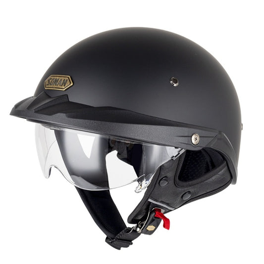 SOMAN Motorcycle Half Helmet Adjustable Helmet With Inner Mirror, Size: XL(Matte Black with Transparent Mirror) - Helmets by SOMAN | Online Shopping UK | buy2fix