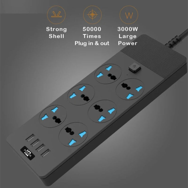 TB-T12 3000W 2m 4-USB Ports + 6-Jacks Multifunctional Flame-Retardant Socket With Switch(US Plug) - Extension Socket by buy2fix | Online Shopping UK | buy2fix